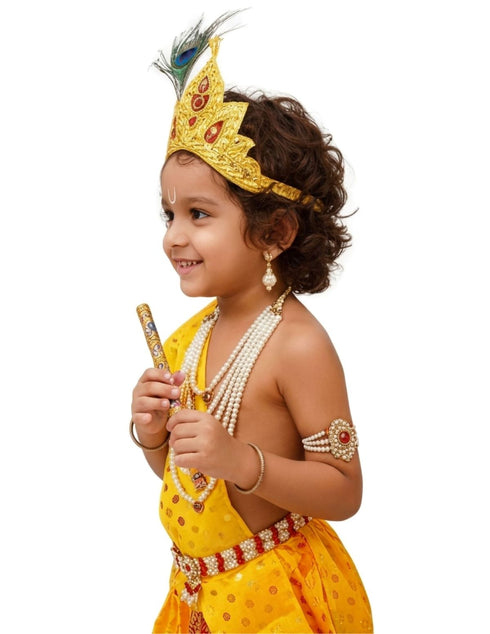 Krishna Yellow Polka Dot Costume Dhoti Patka with Heavy Pearl Jewellery and Mukut Set - Janmashtami Dress Costume for Baby Kanha - Boys & Girls