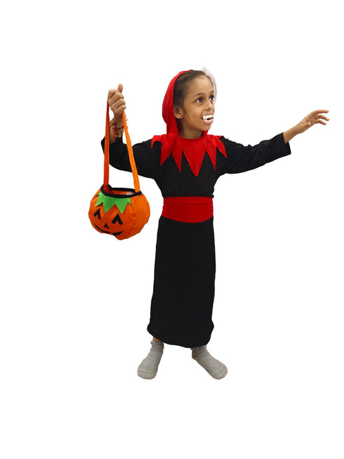 BookMyCostume Vampire Costume for Boys Red and Black Dracula Halloween Costume for Boys with Attached Hoodie with Vampire Teeth and Pumpkin Basket Combo