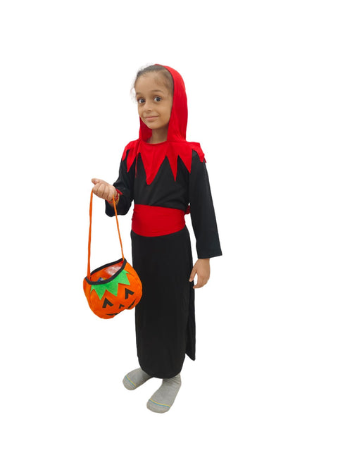 BookMyCostume Vampire Costume for Boys Red and Black Dracula Halloween Costume for Boys with Attached Hoodie with Vampire Teeth and Pumpkin Basket Combo