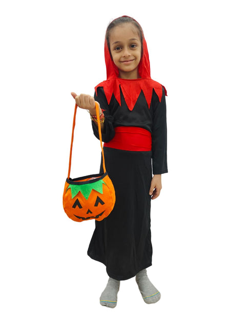 BookMyCostume Vampire Costume for Boys Red and Black Dracula Halloween Costume for Boys with Attached Hoodie with Vampire Teeth and Pumpkin Basket Combo
