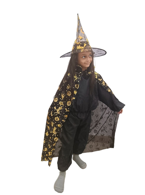 BookMyCostume Golden and Black Witch Cape with Hat - Witch Costume for Girls with Printed witch Pumkin Design and Pumpkin Basket Combo | Halloween Costume for Girls