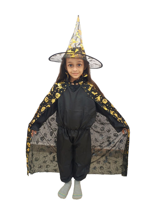 BookMyCostume Golden and Black Witch Cape with Hat - Witch Costume for Girls with Printed witch Pumkin Design and Pumpkin Basket Combo | Halloween Costume for Girls