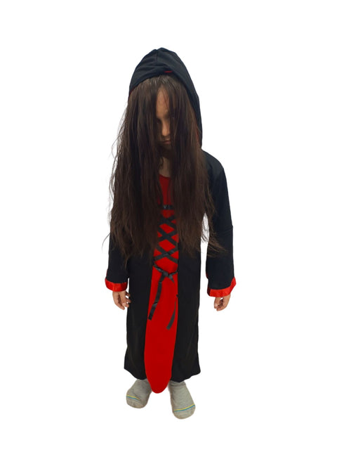 Red and Black Halloween Costume for Girls | Witch Costume for Girls Gown with Scary Attached Hood and Pumpkin Basket Combo