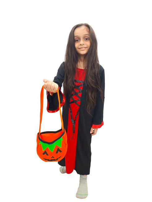 BookMyCostume Red and Black Halloween Costume for Girls | Witch Costume for Girls Gown with Scary Attached Hood and Pumpkin Basket Combo