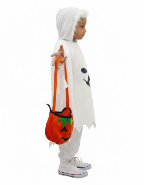 White Ghost Costume With Pumpkin Basket Combo For Kids| Halloween Dress For Boys and Girls