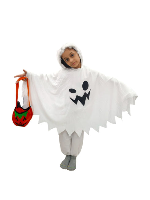 BookMyCostume White Ghost Costume With Pumpkin Basket Combo For Kids| Halloween Dress For Boys and Girls