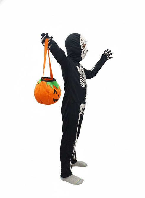 Scary Ghost Bhoot Skeleton Printed Body Suit With Mask And Gloves with Pumpkin Basket Halloween Costume for Theme Party For Boys | Kids