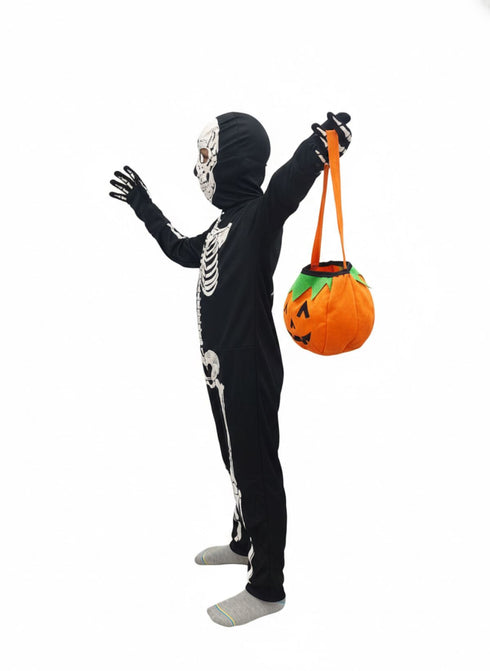 Scary Ghost Bhoot Skeleton Printed Body Suit With Mask And Gloves with Pumpkin Basket Halloween Costume for Theme Party For Boys | Kids