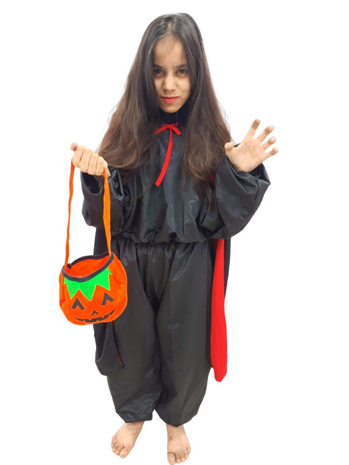 BookMyCostume Buy Black & Red Reversible Dracula Vampire Cape Cloak with Pumpkin Basket Halloween Party Costume Accessory for Boys & Girls