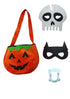 Halloween Accessories Combo - Pumpkin Trick & Treat Candy Basket Cloth with Dracula Teeth & Skeleton Scary Halloween Mask & Black Superhero Mask Halloween Costume Fancy Dress Pack of 4 Accessories