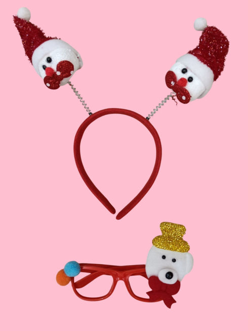 BookMyCostume Christmas Accessory Combo for Girls- Christmas Snowman Santa Eye Glasses and Christmas Bouncing Snowman Headband for Girls