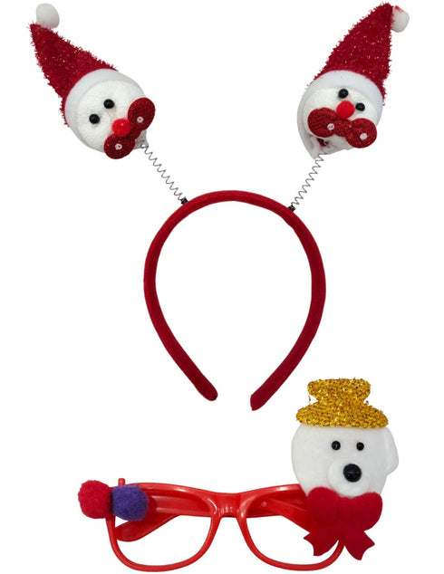 BookMyCostume Christmas Accessory Combo for Girls- Christmas Snowman Santa Eye Glasses and Christmas Bouncing Snowman Headband for Girls