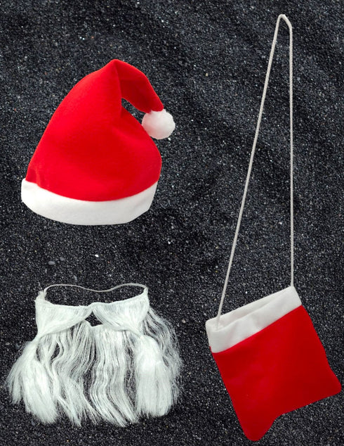 BookMyCostume Pack of 3 Christmas Accessory Set Santa Cap, Beard & Santa Goodies bag Combo for Adults