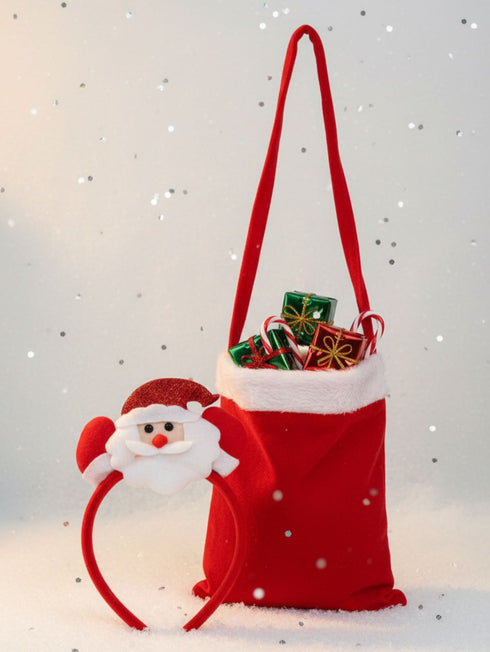 BookMyCostume Pack of 2 Christmas Accessory Set Santa Headband and Goodies Bag Combo For Girls | Kids