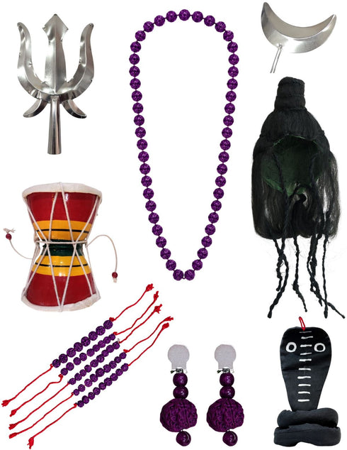 Shiva Accessories for Men | Complete Shankar Bhagwan Jewellery Set - Trishul, Damru, Rudraksha, Sarp, Chand & Wig for Shivratri and Fancy Dress Costume Accessory