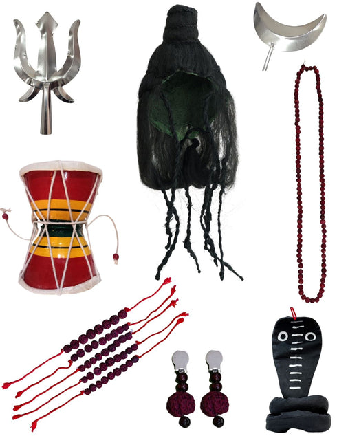 Shiva Accessories for Men | Complete Shankar Bhagwan Jewellery Set - Trishul, Damru, Rudraksha, Sarp, Chand & Wig for Shivratri and Fancy Dress Costume Accessory