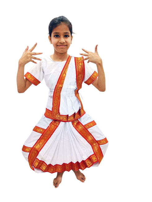 BookMyCostume Red & White Bharatanatyam Saree Indian Classical Dance Costume for Girls | Kids & Adult Fancy Dress Costume
