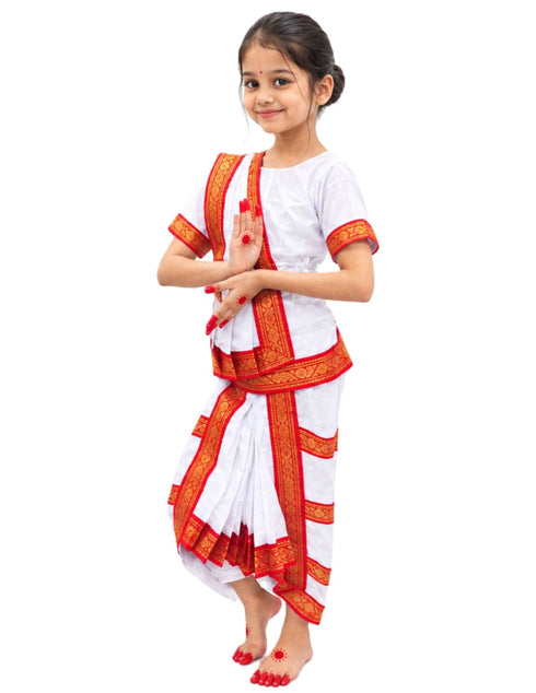 Red & White Bharatanatyam Saree Indian Classical Dance Costume for Girls | Kids & Adult Fancy Dress Costume