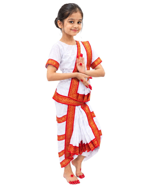 Red & White Bharatanatyam Saree Indian Classical Dance Costume for Girls | Kids & Adult Fancy Dress Costume