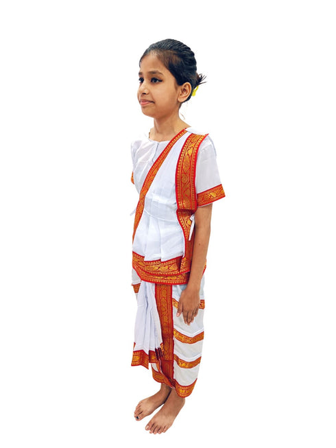 Red & White Bharatanatyam Saree Indian Classical Dance Costume for Girls | Kids & Adult Fancy Dress Costume