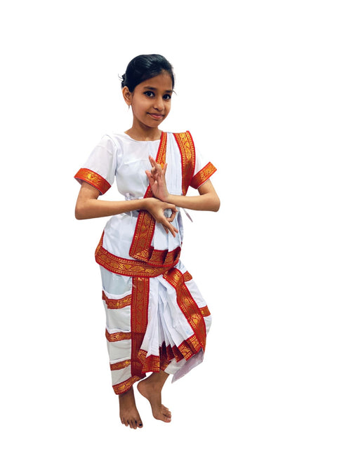 Red & White Bharatanatyam Saree Indian Classical Dance Costume for Girls | Kids & Adult Fancy Dress Costume