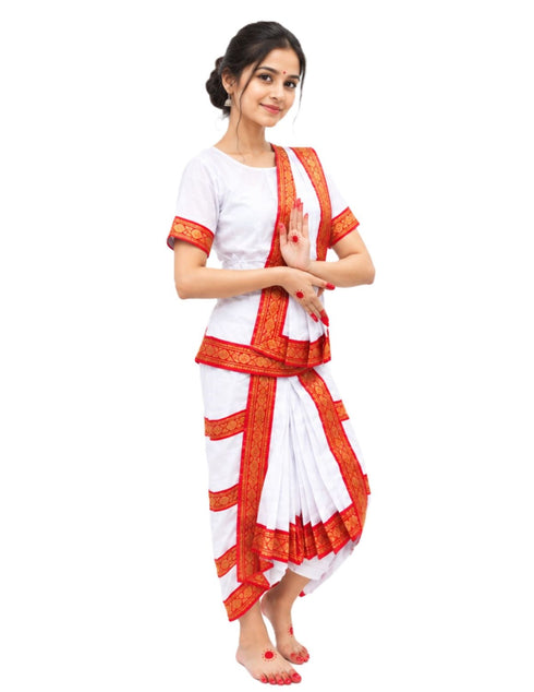 Red & White Bharatanatyam Saree Indian Classical Dance Costume for Girls | Kids & Adult Fancy Dress Costume