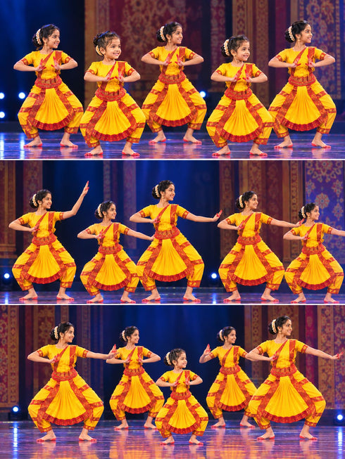 Yellow & Red Bharatanatyam Saree Indian Classical Dance Costume for Girls | Kids & Adult Fancy Dress Costume