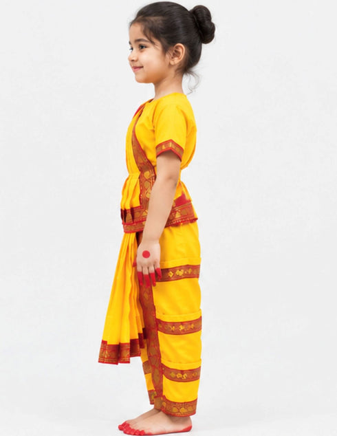 Yellow & Red Bharatanatyam Saree Indian Classical Dance Costume for Girls | Kids & Adult Fancy Dress Costume