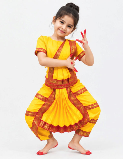 Yellow & Red Bharatanatyam Saree Indian Classical Dance Costume for Girls | Kids & Adult Fancy Dress Costume
