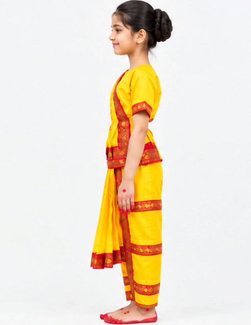 Yellow & Red Bharatanatyam Saree Indian Classical Dance Costume for Girls | Kids & Adult Fancy Dress Costume