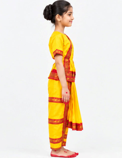 Yellow & Red Bharatanatyam Saree Indian Classical Dance Costume for Girls | Kids & Adult Fancy Dress Costume