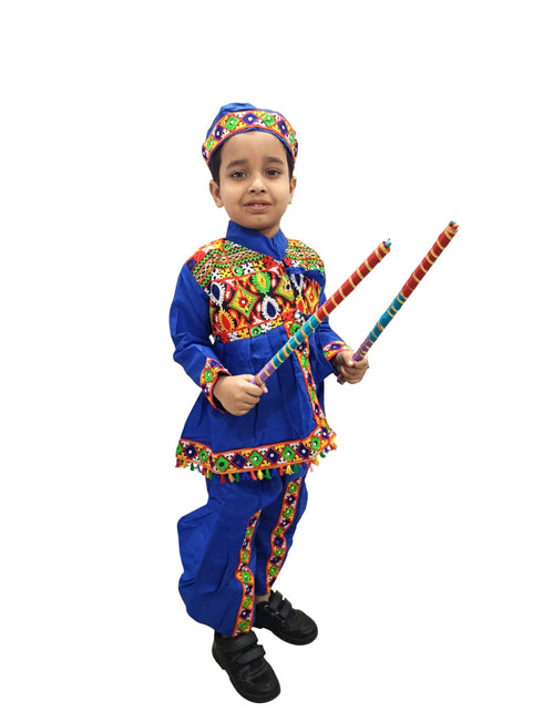 Blue Gujarati Kedia with Dhoti & Turban Cap With A Pair of Dandiya Sticks – Traditional Outfit with State Artwork & Gota Work for Navratri & Festivals | Gujarat Fancy Dress Costume For Kids & Adults