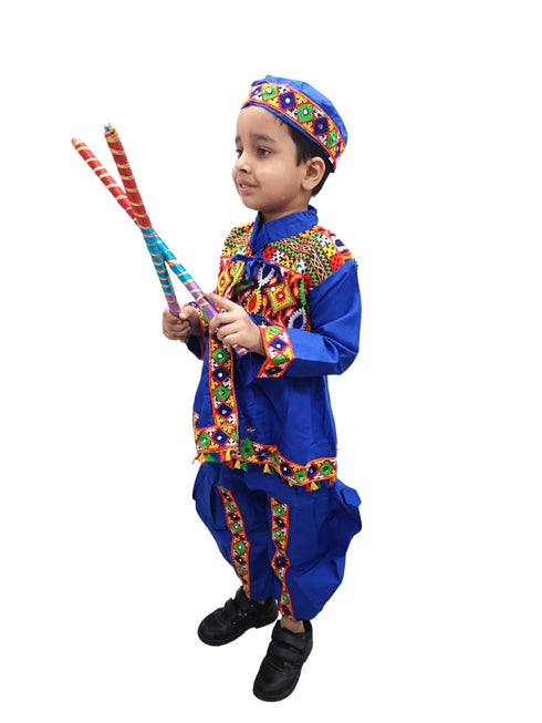Blue Gujarati Kedia with Dhoti & Turban Cap With A Pair of Dandiya Sticks – Traditional Outfit with State Artwork & Gota Work for Navratri & Festivals | Gujarat Fancy Dress Costume For Kids & Adults