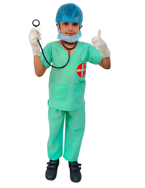 BookMyCostume Doctor Surgeon Professional Costume with Stethoscope – Complete Medical Uniform Set with Surgical Mask, Cap, Syringe & Gloves for Kids | Perfect for Role Play & Fancy Dress