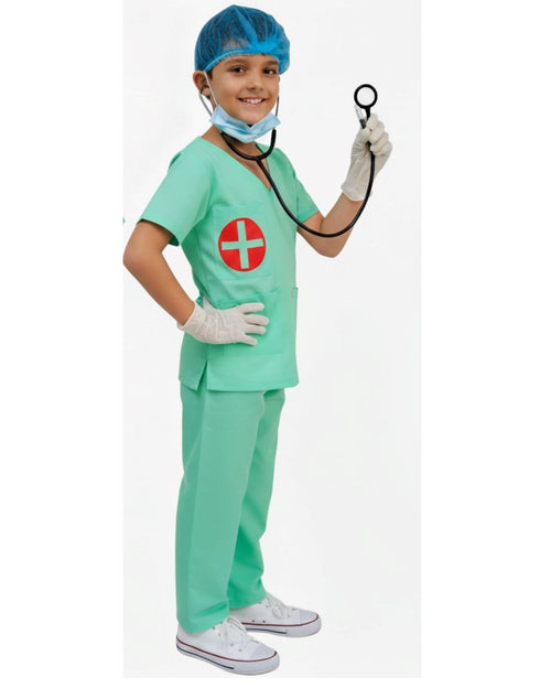 BookMyCostume Doctor Surgeon Professional Costume with Stethoscope – Complete Medical Uniform Set with Surgical Mask, Cap, Syringe & Gloves for Kids | Perfect for Role Play & Fancy Dress