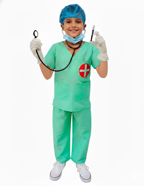 BookMyCostume Doctor Surgeon Professional Costume with Stethoscope – Complete Medical Uniform Set with Surgical Mask, Cap, Syringe & Gloves for Kids | Perfect for Role Play & Fancy Dress
