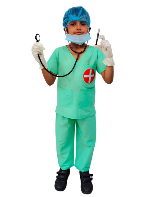 BookMyCostume Doctor Surgeon Professional Costume with Stethoscope – Complete Medical Uniform Set with Surgical Mask, Cap, Syringe & Gloves for Kids | Perfect for Role Play & Fancy Dress