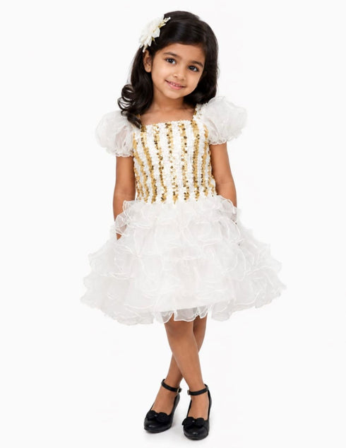 White & Golden Sequin Western Dance Costume for Girls | Stylish Top with Frill Sleeves & White Fluffy Skirt | Party Wear & Western Dance Costume for Kids