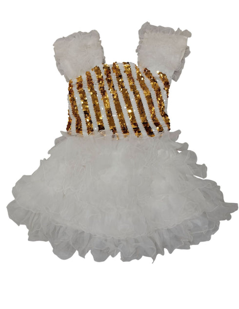 BookMyCostume White & Golden Sequin Western Dance Costume for Girls | Stylish Top with Frill Sleeves & White Fluffy Skirt | Party Wear & Western Dance Costume for Kids