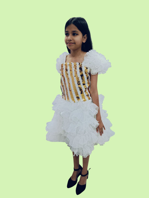 BookMyCostume White & Golden Sequin Western Dance Costume for Girls | Stylish Top with Frill Sleeves & White Fluffy Skirt | Party Wear & Western Dance Costume for Kids