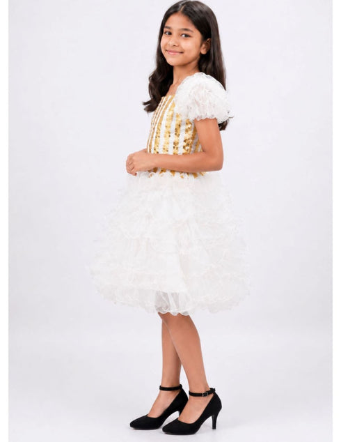 White & Golden Sequin Western Dance Costume for Girls | Stylish Top with Frill Sleeves & White Fluffy Skirt | Party Wear & Western Dance Costume for Kids