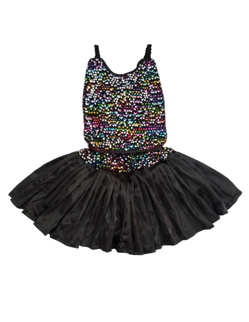 BookMyCostume Black Multicolor Sequin Western Dance Costume for Girls | Sleeveless Elasticated Straps & Back Top with Wide Flared Skirt Set | Fancy Dress Costume for Kids