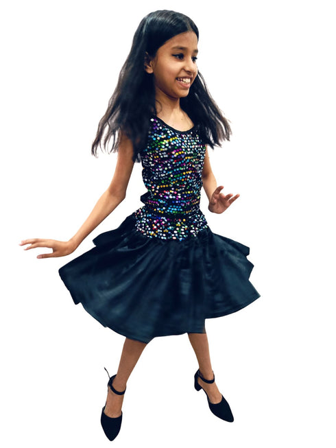 BookMyCostume Black Multicolor Sequin Western Dance Costume for Girls | Sleeveless Elasticated Straps & Back Top with Wide Flared Skirt Set | Fancy Dress Costume for Kids