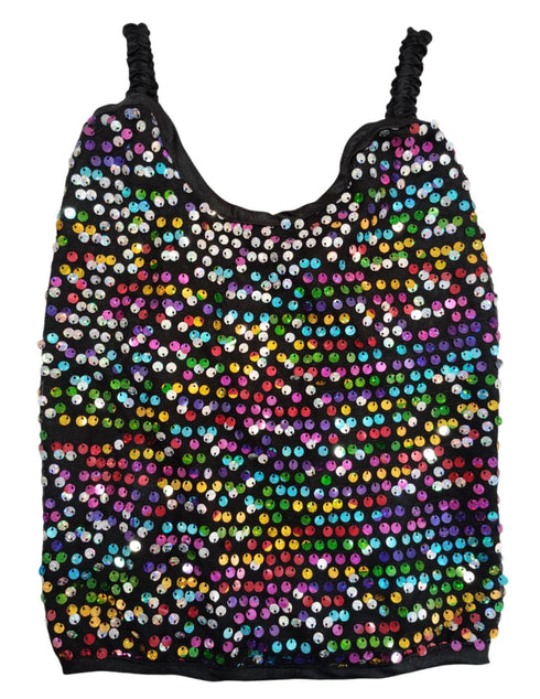 BookMyCostume Black Multicolor Sequin Western Dance Costume for Girls | Sleeveless Elasticated Straps & Back Top with Wide Flared Skirt Set | Fancy Dress Costume for Kids