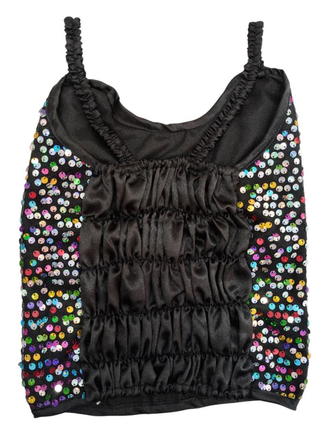 BookMyCostume Black Multicolor Sequin Western Dance Costume for Girls | Sleeveless Elasticated Straps & Back Top with Wide Flared Skirt Set | Fancy Dress Costume for Kids