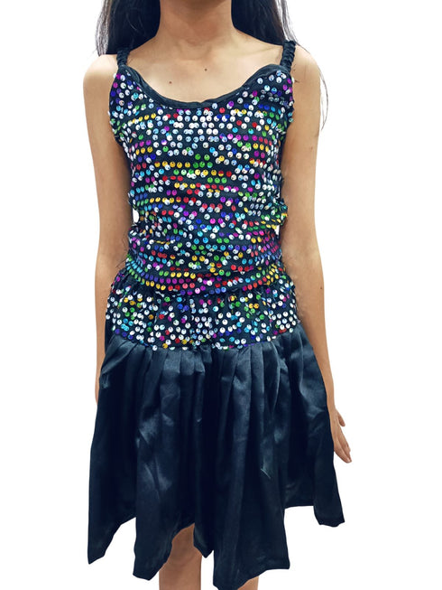 BookMyCostume Black Multicolor Sequin Western Dance Costume for Girls | Sleeveless Elasticated Straps & Back Top with Wide Flared Skirt Set | Fancy Dress Costume for Kids