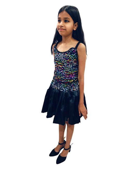 BookMyCostume Black Multicolor Sequin Western Dance Costume for Girls | Sleeveless Elasticated Straps & Back Top with Wide Flared Skirt Set | Fancy Dress Costume for Kids