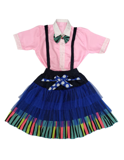 BookMyCostume Girls Skirt and Shirt Set | Collared Top with Bow & Denim Net Flared Skirt | Formal & Casual Wear for Kids | Multicolor Striped Dress Set