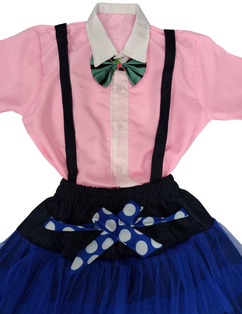 BookMyCostume Girls Skirt and Shirt Set | Collared Top with Bow & Denim Net Flared Skirt | Formal & Casual Wear for Kids | Multicolor Striped Dress Set