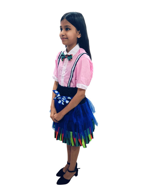 BookMyCostume Girls Skirt and Shirt Set | Collared Top with Bow & Denim Net Flared Skirt | Formal & Casual Wear for Kids | Multicolor Striped Dress Set